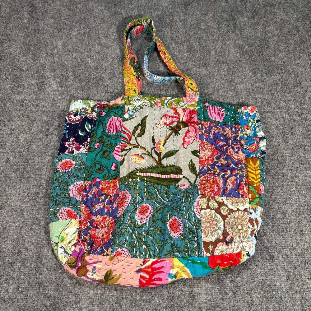 World Market Floral Block Print Patchwork Quilted Cotton Tote Bag C114LM - Picture 2 of 5